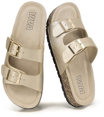 VIVASHOES Women’s Double Buckle Cork Footbed Sandals - Adjustable Flat Slide Sandals for Ladies - Comfortable Open Toe Summer Slippers