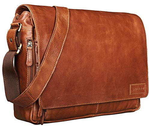 STILORD 'Rick' Schultertasche Leder für 15,6 Zoll Laptop Umhängetasche Aktentasche Bürotasche Unitasche Büffel-Leder, Farbe:cognac - glänzend