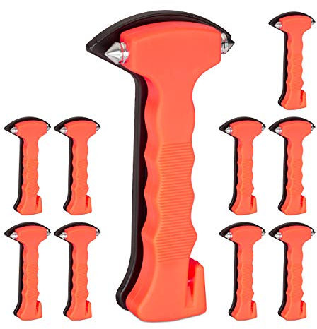 Relaxdays Marteau d'urgence pour Voiture avec Coupe-Ceinture, Lot de 10, Pointe en Acier pour vitre, sectionner Ceinture, Orange