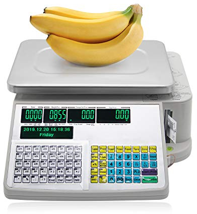 CGOLDENWALL 6kg Barcode-Druckwaage mit zwei Bildschirmen, Etiketten-Druckskala mit 5 Frontfenstern&4 Rückfenstern/Kommerzielle Waage/Einzelhandel/Elektronische Waage/Etikettendruckskala ohne Stange