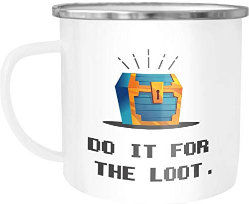 Moonworks® Emaille-Tasse Gaming Spruch do it for the loot und Motiv Schatztruhe Zocker Nerds Emaille-Becher lustig weiß-metall Emailletasse