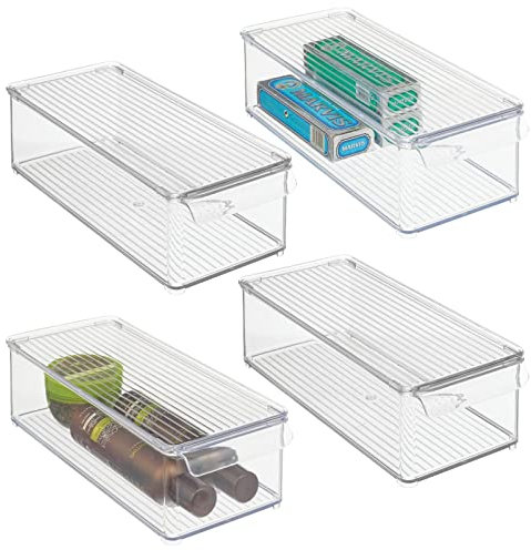 mDesign 4er-Set Aufbewahrungsbox mit Deckel und Griff – stapelbare Box für Pflegeprodukte im Badezimmer – ideal für Handtücher oder zur Kosmetikaufbewahrung – durchsichtig