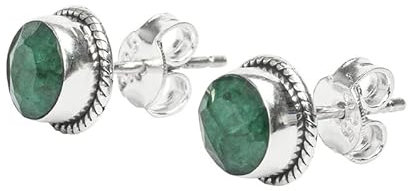 Emerald Stone Stud Post Earrings, 925 Sterling Silver Gemstone Earring 6 MM Round Girl Women Gift
