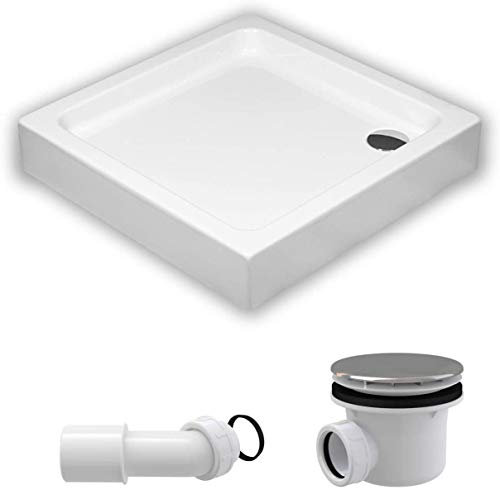ECOLAM Receveur de douche plat carré Grando Plus 90x90 cm | hauteur 17 cm | profondeur 7 cm + base en polystyrène + siphon
