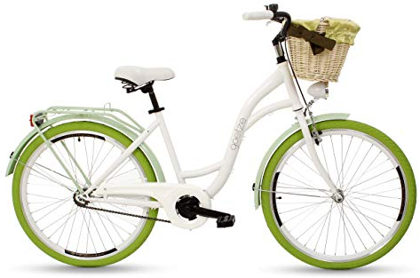 Goetze Style 26 Zoll Damen Citybike, Tiefeinsteiger, 1-Gang, Rücktrittbremse, LED-Beleuchtung, Gepäckträger, Komfortsattel, Schutzbleche, Rattankorb mit Stoffeinsatz, Hollandrad für Stadt & Einkauf!