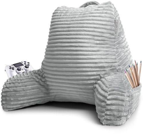 Clara Clark Lesekissen für Erwachsene - Rückenkissen zum Sitzen im Bett, Standard-Plüsch-Bettkissen, Geschreddertes Schaumstoff-Stuhlkissen mit Armen und Taschen, Silber