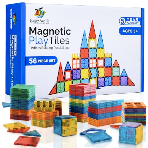 SUNNY AUNTIE Magnetic Tiles 56 PCS, Toy for Kids Age 3+, Magnetic Blocks Building Set, STEM Educational Building Toy, Great Gift