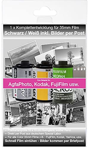 Schwarz/Weiß Foto Komplett Entwicklung per Post - für Kleinbild Schwarz/Weiß Negativ Film bis zu 36 Bilder 10x15 cm Postkartengröße, Bild Daten zusätzlich auf Wunsch per WE Transfer.