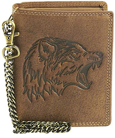 Harrys-Collection Geldbörse aus hochwertigem Vintage Leder + RFID mit Kette! Wolf, Farben:Cognac