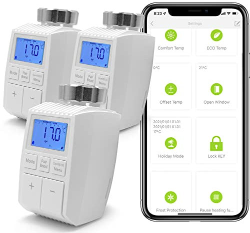 BSEED Smart Thermostat Valve 3 Set,LED Display & Button Room Thermostat Head Radiator, Timer Voice APP WiFi Control, Low Energy Tube, Alexa Google Home Tuya Hub Needed, Home Holiday Child ECO Model
