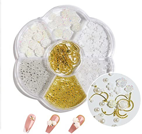 Nail Art Charms, 3D Flower Nail Jewels Caviar Beads Metal Rivets Nail Art Decoration Nail Accessories for Women Girls (Flower)