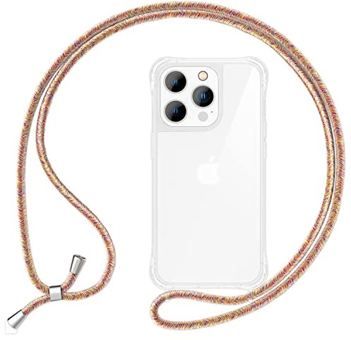 NALIA Handykette für iPhone 14 Pro - Hülle, Regenbogen | Kordel ca. 1,60m für Crossbody, Ösen fest im Rahmen eingegossen, Massive Metallenden, Verstärkte Ecken, HANGIT PRO