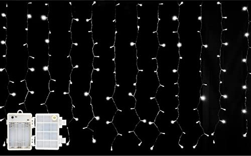 Luz de Cortina Luz Cadena LED Pilas Luces Navidad Exterior Pilas 192 LED 1,6m x 1m Impermeable IP44 con 8 Modos Exterior y Interior Decoración para Habitacion, Bodas, Jardín, Fiesta - Luz Blanca
