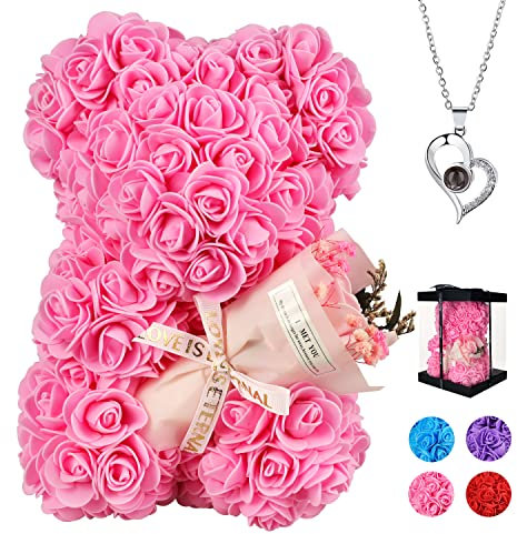 K KYMAKE Geburtstagsgeschenk für sie, Muttertagsgeschenk für Mutter, Rosenbär-Geschenke für Mutter von Tochter, Geburtstagsgeschenk für sie, Rosen-Teddybär mit I Love You-Halskette in 100 Sprachen