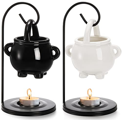 Jucoan Ölbrenner, zum Aufhängen, Weiß & Schwarz, Hexenkessel, Keramik, ätherisches Ölbrenner, Wachsbrenner, Aromaöl-Diffusor, Teelichthalter, 2 Stück