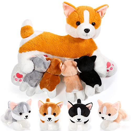 Honoson Pflegender Hund Stofftier mit Welpen Set Stillende Mama Hunde Plüschtier mit 4 Baby Welpen Weiche Süße Kuscheltiere für Mädchen Jungen Kinder Geburtstag Geschenke Party Mitgebsel(Corgi)