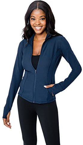 90 Degree By Reflex Women’s Lightweight, Full Zip Running Track Jacket, Dark Navy Ribbed, L