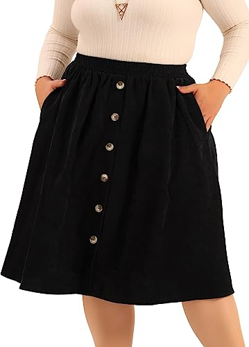 Agnes Orinda Midi-Röcke aus Cord für Damen, Übergröße, elastisch, hohe Taille, Knopfleiste vorne, A-Linien-Rock mit Taschen