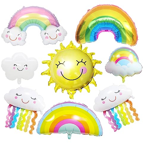 8-Stücke Regenbogen Wolke Party Zubehör, TACYKIBD Regenbogen Wolke Mylar Folie Ballons, Regenbogen Ballons Lächelnde Wolke Party Sonnenballons für Mädchen Geburtstag Baby Dusche Party Dekorationen