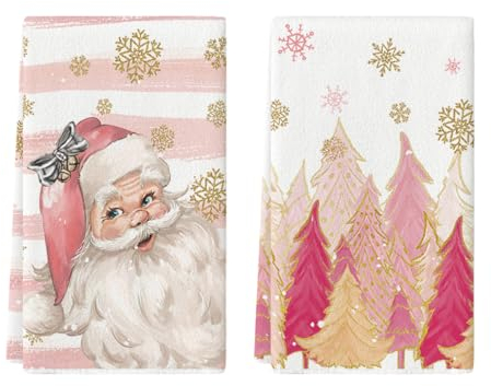 Artoid Mode Rosa Bäume Weihnachtsmann Weihnachten Küchentücher Geschirrtücher, 42x65 cm Schneeflocken Xmas Winter Dekoration Handtücher 2er Set