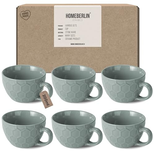 HOMEBERLIN Barista Set of 6 Cappuccino Cups - 200 ml Coffee Cups Set - Premium Coffee Cups Set Made of High-Quality Stoneware - 6 Modern Coffee Cups Made from 100% Handmade - Thick-Walled Coffee Cup