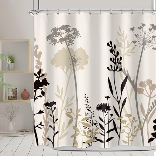 Omifly Rideau de douche beige crème 183 x 183 cm (l x H) - Silhouette marron taupe - Fleurs sauvages - Style rustique bohème - Plante botanique vintage - Abstrait - Avec 12 crochets en plastique -
