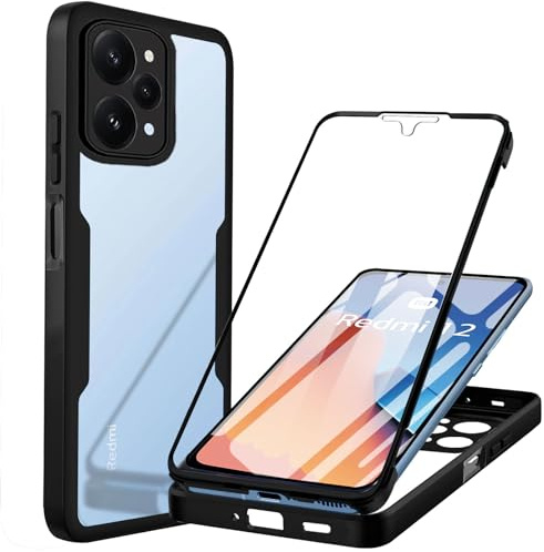 Yutwo Hülle Kompatibel mit Xiaomi Redmi 12 4G Handyhülle 360 Stoßfest Schutzhülle Rundumschutz Cover Case mit Eingebautem Displayschutz Robust Transparent Handyhülle für Xiaomi Redmi 12, Schwarz