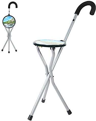 Walking Stick with Seat, Hold 198lbs Foldable Walking Stick, Portable and Multi-functional Iron Walking Aid, Anti-Slip Travel Chair Stool Tripod for Seniors and Travelers