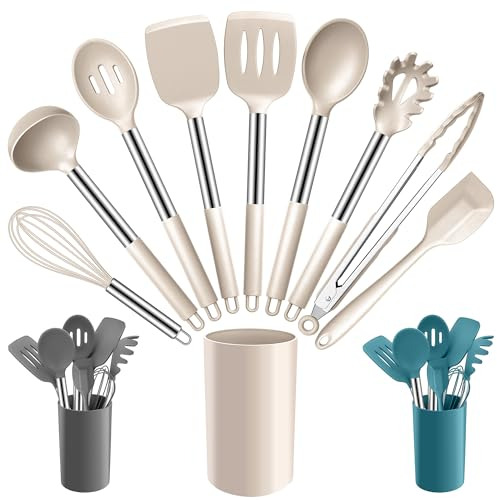 Joyfair Juego de utensilios de cocina, 10 piezas de utensilios de cocina de silicona con mango de acero inoxidable, herramientas de cocina resistentes al calor, espátula, cuchara giratoria con