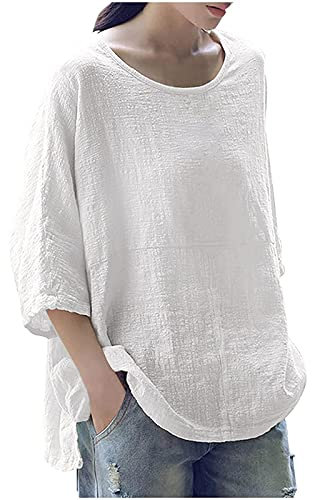 Summer Tops for Women UK Sale 3/4 Sleeve Cotton Linen Solid Crew Neck Ladies Tops Casual Loose Three Quarter Sleeve Tunic T Shirt Plus Size Elegant Blouse Shirts UK 8-18 White
