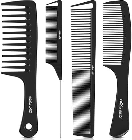 SALONSILK 4PCS Professional Comb Set, Wide Tooth Rat Tail Fine Tooth Hair Combs, Braiding Cutting Barber Styling Curly Parting Set for Men and Women