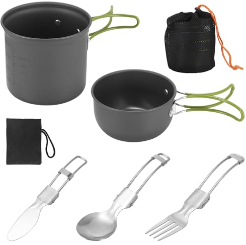 Palmcee Camping Cookware Set, Aluminium Camping Pots and Pans with Foldable Cutlery, Multifunctional Cooking Equipment for 2 Persons Hiking Picnic Campfire