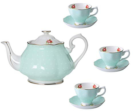 VNNHGB Tea Set Porcelain Coffee Cups and Saucers Bone China Coffee Cup Set for Afternoon Tea Old Country Roses Teapot,Blue