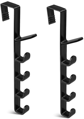 TOKPLNU 2Pcs Over The Door Hooks,Vertical Over Door Hanger with 5 Hooks,Over The Door Coat Towel Rack, No Drilling Over Door Hooks Coat Hanger for Hanging Clothes Towel Hat Bag Umbrella, Black