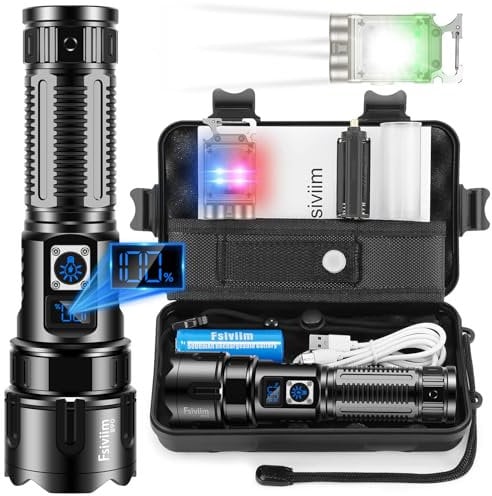 Fsiviim Torcia LED Potente Professionale, 1,000,000 Lumen Torcia Led Ricaricabile Potente, Torcia Ricaricabile USB, Torcia Elettrica, Torcia Zoom, Torcia Militare Per Campeggio Trekking Emergenza