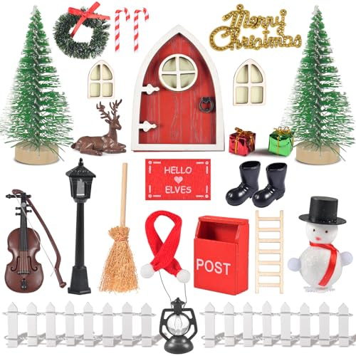 Juego de 28 Accesorios para Puerta de Codorniz, Miniatura Luminosa, Duende de Navidad, Decoración Con Árbol, Botas, Renos para Puerta de Hadas