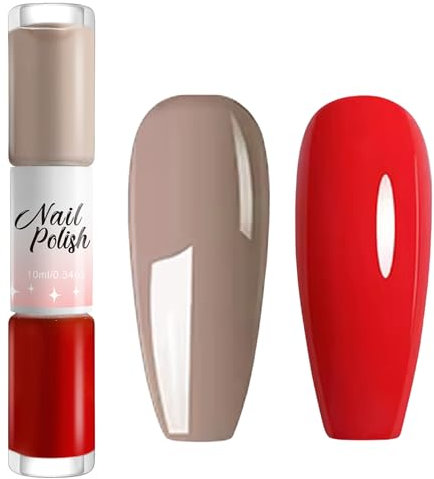 Red Nail Varnish Milk Tea Color Polish, Double-Head, Long-Lasting Quick Dry, Water Based No UV for Women Home DIY Nail Art (Red+Milk Tea, 10ML)