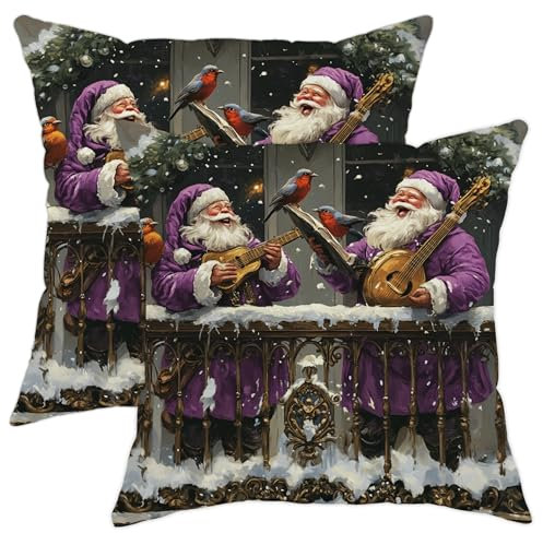 Weihnachtsmann-Musik-Kissenbezüge, violett, festliche Weihnachtsdekoration für Zuhause, Sofa, Schlafzimmer, Wohnzimmer, 40,6 x 40,6 cm