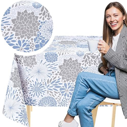 KP HOME Weiße PVC Tischdecke Abwischbar Mit Blauen Und Grauen Blumen – Rechteckige Wachstischdecke 200x140 cm – wasserdichte Und Abwischbare Kunststoff Vinyl Wachstuch - Florale Harmonie, Für Draußen