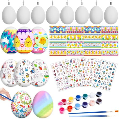 Ostereier Plastik, 50PCS Ostereier zum Bemalen, Deko Ostern Eier Ostereier Deko, Aufhängen Eier DIY Handbemalte Ostereier Bemalen mit Schnur Ostereierfarbe Aufkleber und Pinsel für Osterdeko Geschenk