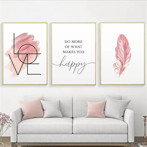 3er Poster Set, Romantisch Rosa Feder Leinwand Malerei Inspirierend Zitat Poster, Moderne Abstrakt Kunst Wandbilder, Wohnzimmer Schlafzimmer Deko, Ohne Rahmen (21 * 30 cm)