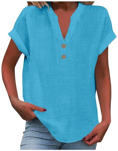 Womens Tops, My Orders, Ladies Tops Women Women's Summer Cotton Linen Cap Sleeve T-Shirt Button V Neck Tunic Top Fashion Baggy Solid Plain Casual Shirts Trendy Blouse Sky Blue