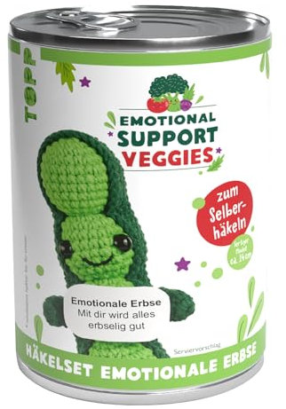 Emotional Support Veggies Häkelset Erbse: Anleitung, Misch-Garn in 2 Farben, Stickgarn, Füllwatte, Häkelnadel 2,0 mm, Sicherheitsaugen, Standfuß (Emotional Support Veggies/Fruit)
