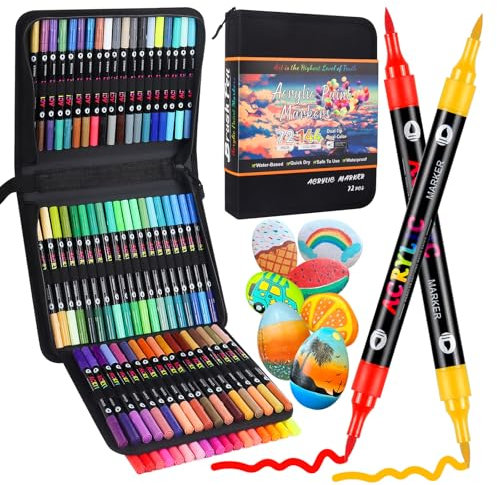 TrendGate 144 Couleurs 72 stylos Feutre Acrylique, Feutre Peinture Acrylique Double Pointe Pinceau, Marqueur Acrylique Pour Papier, Verre, Galet, Métal, Plastique, Bois, Oeuf, Céramique, Textile