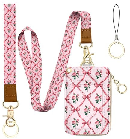 bolimoss Cordon portefeuille et porte-badge avec nœud rose, joli cordon pour enseignant pour badge d'identité, petit portefeuille en cuir avec poche zippée, porte-badge avec cordon tour de cou