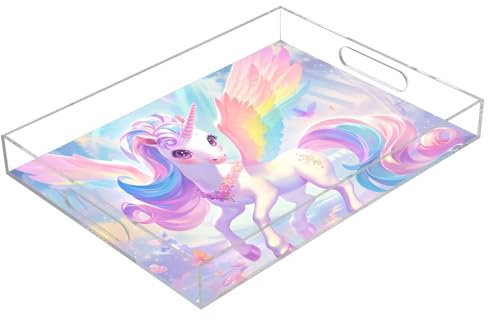 Bandeja de acrílico transparente para servir con asas de unicornios de dibujos animados y unicornios arcoíris, bandeja transparente de 16 x 12 pulgadas, a prueba de derrames