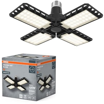 Osram Highbay Blade Deckenlampe in Schwarz, Kunststoff, mit verstellbaren Lichtflügeln, bietet 23 W bzw. 2350 lm in Neutralweiß mit 4000 K, E27 Schraubgewinde, 231 mm Durchmesser, IP20
