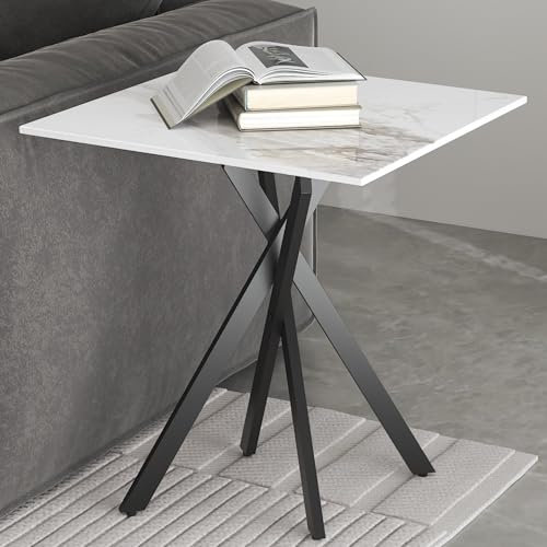 GOLDFAN Bout de Canape Carré de Salon, Table d'Appoint Design, Plateau en Pierre Artificielle frittée Marbre, Style Moderne (Blanche Marbre, 50 x 50 x 55 cm)