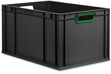 PROREGAL Eurobox NextGen Color | HxBxT 32x40x60cm | 65 Liter | Griffe grün offen | Verstärkter Boden | Schwarz | Eurobehälter, Transportbox, Transportbehälter, Stapelbehälter