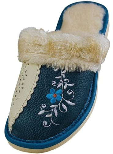 APREGGIO - Pantofole da Donna in Pelle Naturale - Ciabatte Calde con Fodera in Lana d’Agnello, Ricamo e Fori Traspiranti - Suola Antiscivolo - Taglia 39